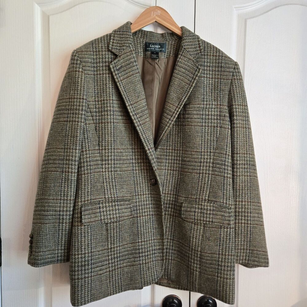 Vintage Lauren Ralph Lauren 100% Wool Plaid Women's 16 Blazer Jacket Coat Casual